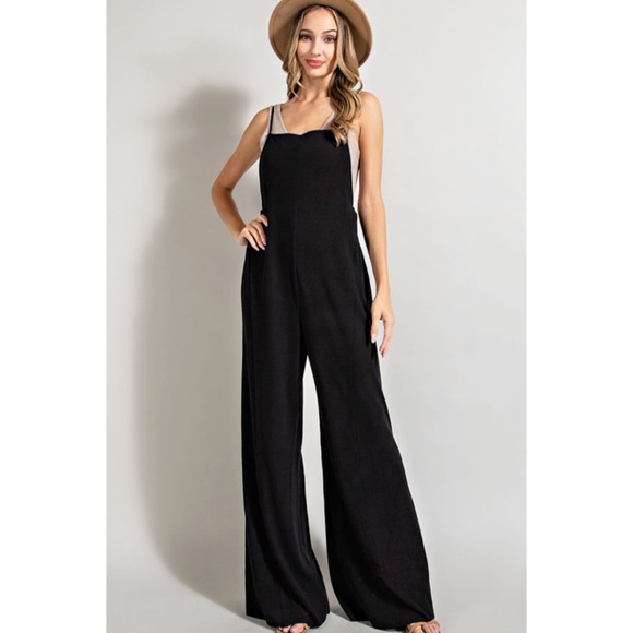 SOLD OUT Comfy Black Open Back Knit Wide Leg Boho Overalls Casual Solid Women's - Picture 2 of 6